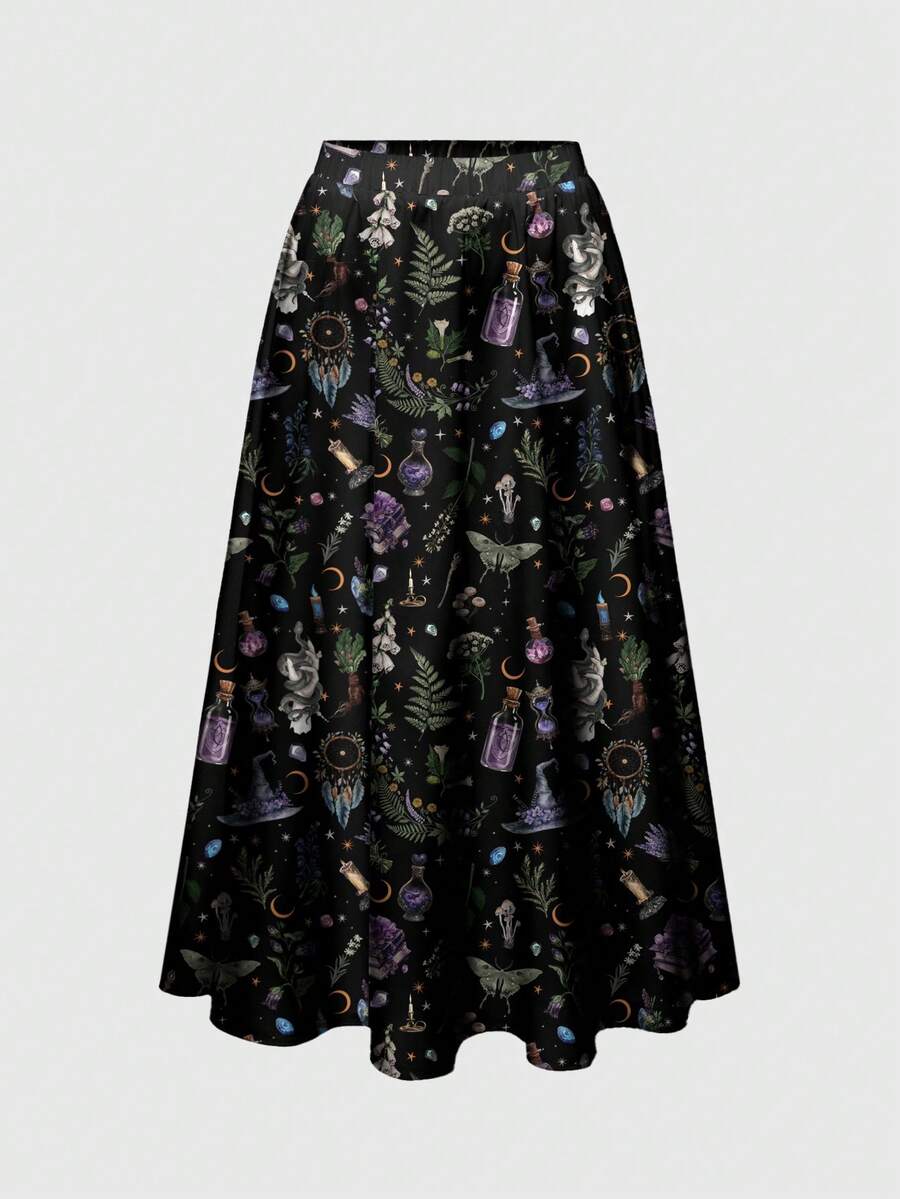 ROMWE Goth Magic Academy Gemstone Dark Mysterious Punk Print Loose Flowy Plus Size Skirt - Black - View 1