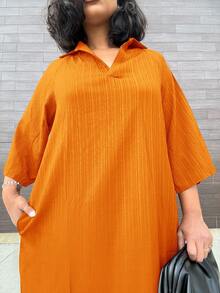 Alexandranx 女士时尚V领宽松蝙蝠袖连衣裙，适合假日长款女士服装 - 橘色 - 查看 4