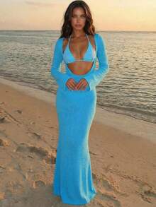 Aloruh Damen Frühling/Sommer Neue Einfarbig Blau Cover-Up, Super Lange Häkelkleid, Elegantes Sexy Transparentes Kleid, Damen Resort Tragen, Damen Strandkleid Damen Urlaubsoutfit Sets Heiße Kleider für Damen Damen Strandoutfits Urlaubsüberwürfe für Bademode - Blau - Übersicht 12