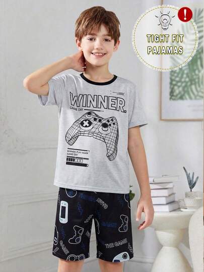 2件套青少年男童休闲舒适柔软印花T恤短裤睡衣套装，适合日常穿着