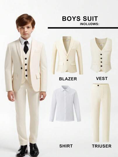 SHEIN 男童纯色长袖西装套装，包含单排扣马甲、长袖衬衫和长裤，优雅大方，适合晚宴、盛会、派对、主持、舞台表演、聚会、T台走秀、洗礼、商务活动、生日派对、婚礼、毕业典礼等各种场合，四季皆宜，尤其适合开学季。