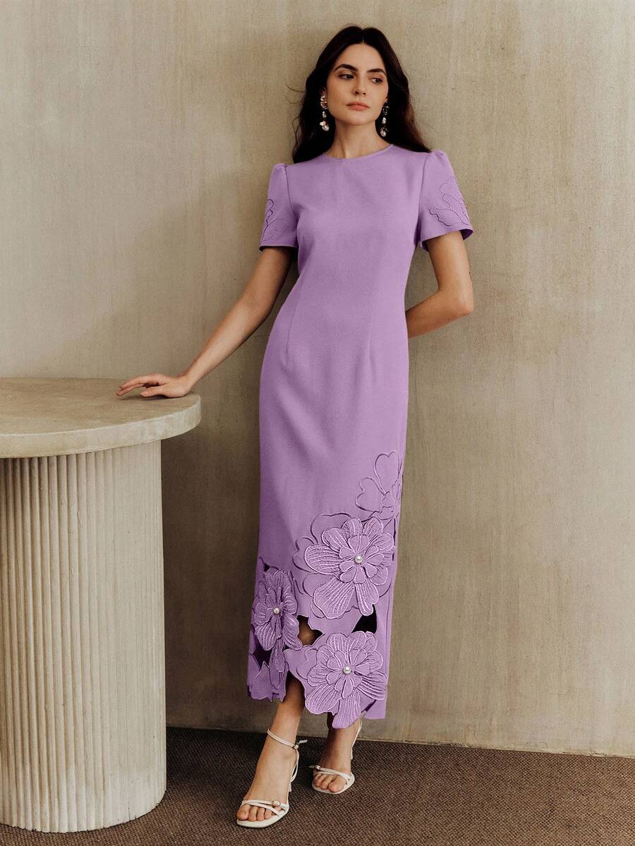 Anewsta Solid Color Straight Waist-Cinched Short Sleeve Dress With Cutout Embroidered Pearl Design, Long Dress For Women - Purple - View 1