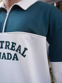 LEOGASHI LEOGASHI Men's Pullover Quarter Zip Sweatshirt With Letter Print Patchwork, Fashion Long Sleeve Loose Fit Lightweight Sweatshirt, Spring/Autumn - Army Green - View 4