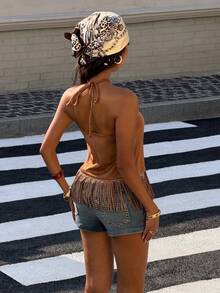 Muchica Women's Summer Fashion Street Vacation Style Solid Color Suede Circular Ring Decor Backless Tie Front Halter Top,Summer Top - Brown - View 2