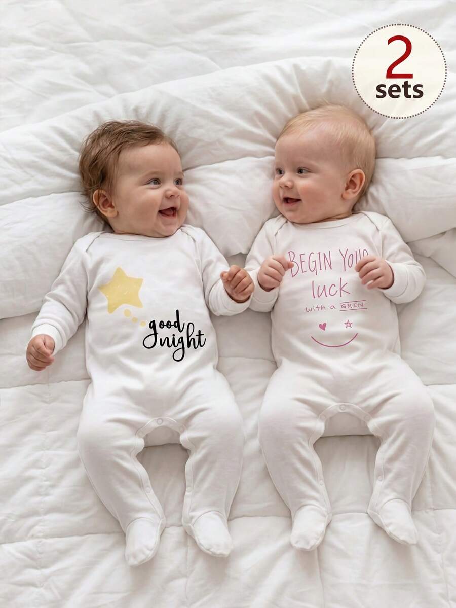 SHEIN 2-Pack Newborn Pajamas&Loungewear Set,Cute White Star-Moon Print Good Night Slogan Soft Fabric,Autumn Spring&Summer Lounge Pajamas For Infant - Multicolor - View 1