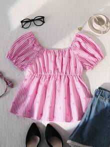 SHEIN 少女粉色条纹蝴蝶结白色蕾丝度假衬衫 - 白色 - 查看 2