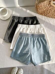 Thời trang bé gái tuổi teen, phong cách Y2K cổ điển, cá tính, đường phố, co giãn, cạp chun, size trẻ em, nhãn mác, quần short denim dáng rộng 3 món, quần áo mặc hàng ngày từ xuân hè, dự tiệc rave và phong cách đường phố. - Nhiều màu - Xem 2