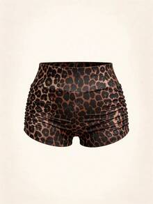 SHEIN EZwear 大码女式豹纹褶皱打底短裤 - 彩色 - 查看 9