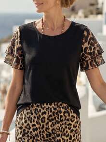 EMERY ROSE Summer Tops Leopard Print/Cheetah Print Patchwork Pleated Sleeve Women's Boho T-Shirt - Black - View 5