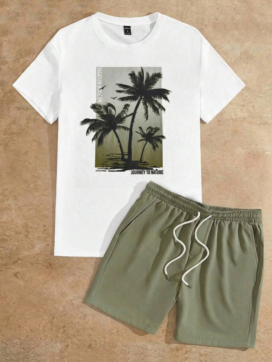 HIMLAND 男士热带印花T恤和抽绳短裤，度假舒适装 - 綠色 - 查看 1