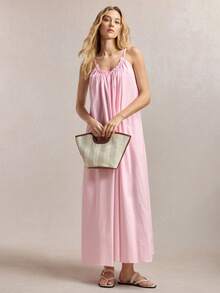 BizChic Summer New U-Neck Ruffle Trim Adjustable Spaghetti Strap Drawstring Back Tie Elegant City Commute Dress For Women - Pink - View 7
