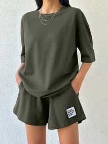 EURMUSE 100%Cotton Women Solid Color T-Shirt & Embroidery Detailed Shorts - Army Green - View 3