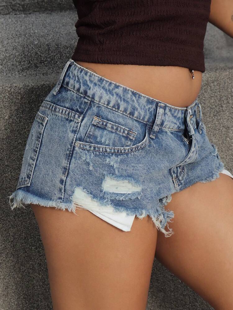 Rayane Ketlyn Solid Color Distressed Pocket Skinny Raw Hem Sexy Denim Shorts - Blue - View 6