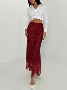 Aloruh 女士优雅蕾丝拼接不对称下摆半身裙 - 酒紅色 - 查看 6