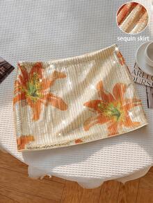 Franclia Floral Print Sequin Embellished Mini Skirt, Suitable For Vacation & Beach In Summer - Multicolor - View 1