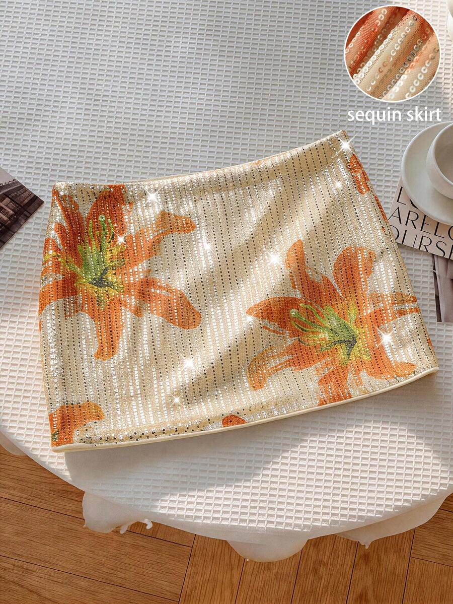 Franclia Floral Print Sequin Embellished Mini Skirt, Suitable For Vacation & Beach In Summer - Multicolor - View 1