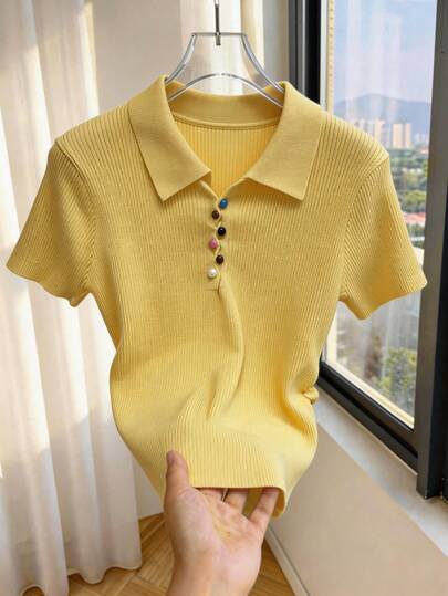 GlowEve 优雅Polo领彩色纽扣装饰女士短袖毛衣，春夏新品