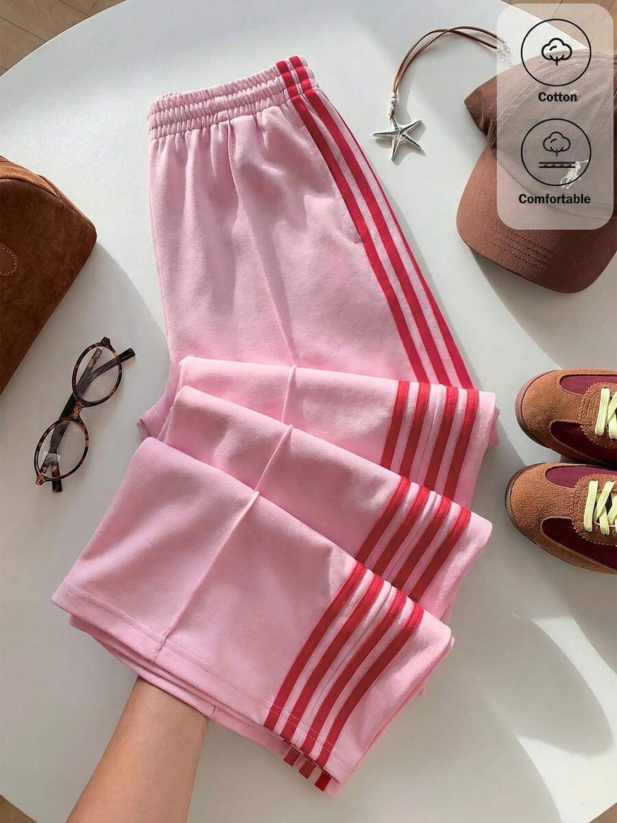 Comfortcana Quần thể thao nữ dáng rộng, thoải mái, thích hợp mặc hàng ngày đi học, đi làm hoặc chơi thể thao, cạp chun co giãn, phối sọc tương phản hai bên, ống rộng, mùa xuân/hè. - Hồng - Xem 1