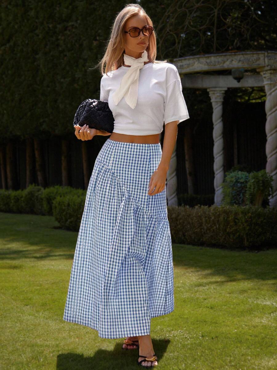 COSMINA Rutig kjol med volangkant för kvinnor - Blå - Visa 1