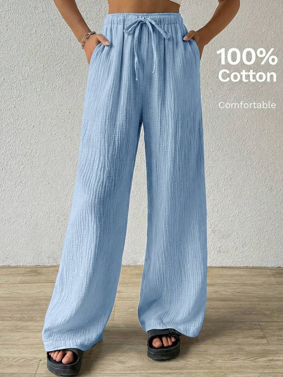 SHEIN EZwear 蓝色棉质宽松纹理褶皱抽绳腰裤 - 藍色 - 查看 1