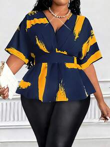 Plus Size Women's Casual Black & White Printed Shirred Raglan Sleeve Shirt, Stylish Design For Spring/Summer - Multicolor - View 6