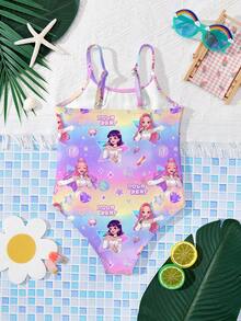 K-Pop Superstars Cartoon Girl Group Gradient Print One-Piece Swimsuit, Suitable For Summer - Multicolor - View 2