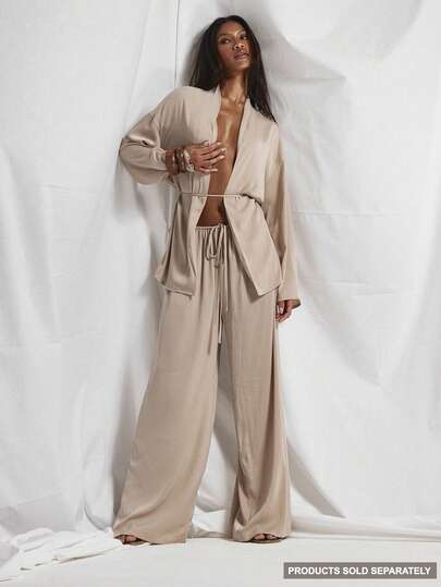 MUSERA Tie Waist Flowy Wide Leg Satin Trouser Coord Trouser Only Cute Holiday Sexy Night Out Vacation Spring Summer Elegant Soleil Drape