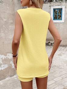 Easowa Bộ đồ nữ 2 mảnh gồm áo dài tay xẻ tà và quần short, thích hợp mặc đi sân bay, trang phục mùa hè cho nữ, quần short biker, bộ hai mảnh mùa hè, phong cách công sở thường ngày, trang phục thường ngày. - Màu vàng - Xem 9