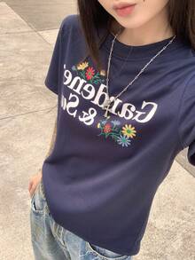 K-Vae American Sexy Regular-Shoulder Short Sleeve T-Shirt, Women Round Neck Stylish Top - Navy Blue - View 6