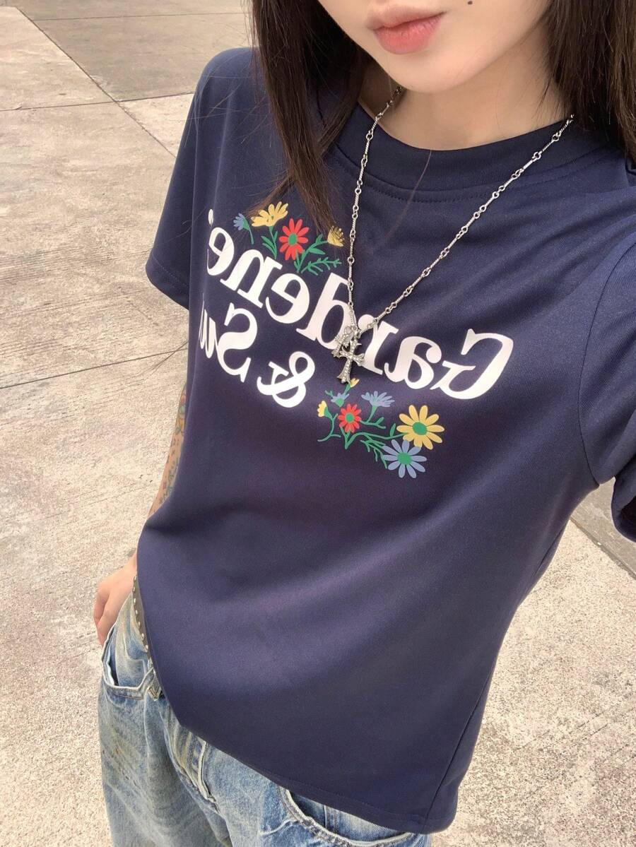 K-Vae 美式性感常规肩短袖T恤，女士圆领时尚上衣 - 藏蓝色 - 查看 1