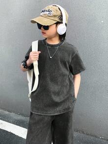 SHEIN 男童夏季休闲短袖上衣和牛仔裤套装 - 黑色 - 查看 6