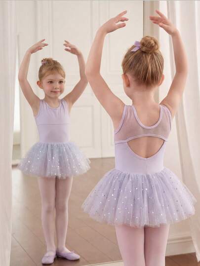 Young Girls' Ballet Leotard Dress, Light Purple High-Stretch Fabric, Tutu Skirt With Sequin Decor, Cute And Lively, Suitable For Casual Daily Wear And Ballet Practice