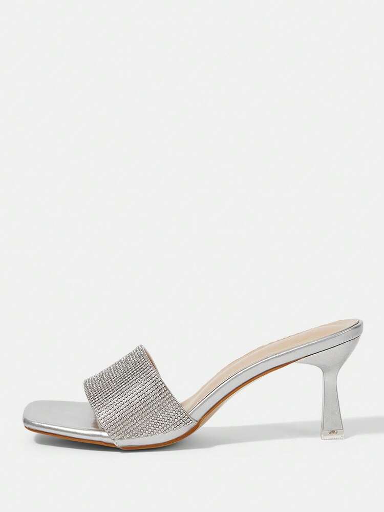 CUCCOO HITCHD Silver Rhinestone High-Heeled Sandals Square Toe Full Diamond Thin Heel Outer Wear Temperament Banquet Sandals