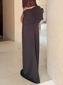 Maria Perezxox Women's Solid Color Pleated Fishtail Hem Skirt, Vacation Brown Classy Elegant Skirt,  Winter Women,  New Year Look, Thanksgiving Outfits. Elegant Long Skirt, Chic Elegant Dress For Party, Luxury Wedding Guest Party Dress - Brown - View 5
