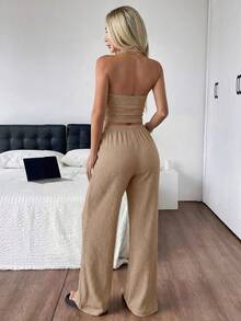 SHEIN EZwear 女士针织纹理吊带上衣和裤子休闲度假套装 - 卡其色 - 查看 2