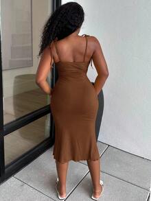 Alexandranx Đầm Thắt nút Thắt nơ trước Nếp gấp Phần Ngực màu trơn Giải trí - Cà phê nâu - Xem 3