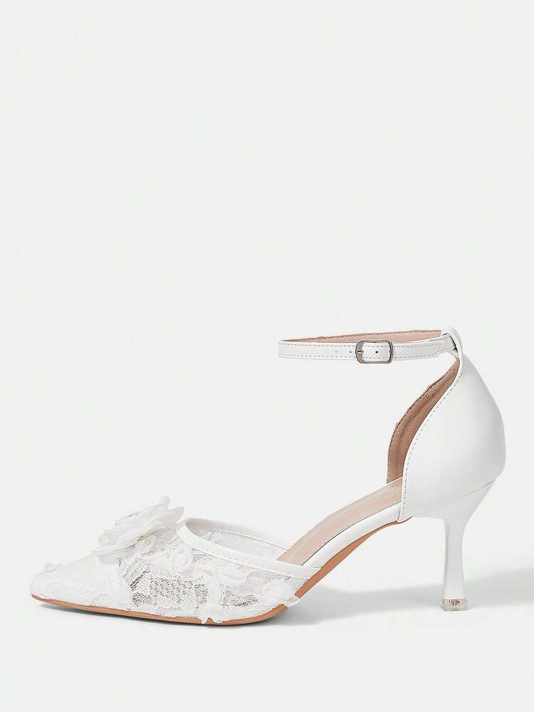CUCCOO HITCHD Spring And Autumn New White Flower Mesh Lace Pointed Heel Stylish Elegant Hollow Women's High Heel Shoes