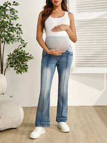 SHEIN 孕妇弹力修身喇叭牛仔裤 - 中等水洗藍 - 查看 6