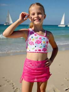 Young Girls 3 PiecesBikini Sets, Cute & Modest Pink Flamingo Print Knit Fabric With Skirt, Fashionable & Elegant, Suitable For Swimming, Summer Vacation, Beach, Pool, Holiday Party - Pink - View 4