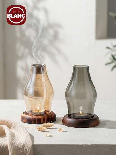 Madebyblanc Vintage Zen Aromatherapy Burner, Ceramic Glass Mini Candle Holder, Candle Burner And Fragrance Diffuser, Amber Wood Yellow/Gray Base, Handmade High Transparent Glass With Wooden Base, Windproof, Heatproof And Flame Resistant, Suitable For Burning Sandalwood, Camphor Wood, Can Be Reused, Natural Fragrance, Vintage Chinese Oil Lamp, Suitable For Yoga Meditation, Home Office Coffee Tea Room Living Room Bedroom Desktop Decoration, Family Friends Holiday Gifts