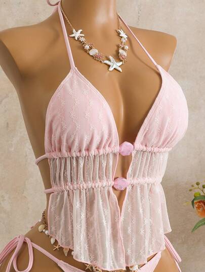  Bellisia 女士可爱粉色蝴蝶结网纱串珠泳衣套装，撞色挂脖吊带背心配抽绳泳裤，夏季度假比基尼