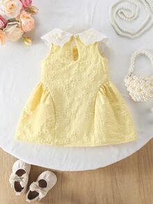 SHEIN Elladie kids Đầm công chúa ngọt ngào thêu hoa cho bé gái, đầm hè không tay bằng vải hoa màu vàng. - Màu vàng - Xem 2