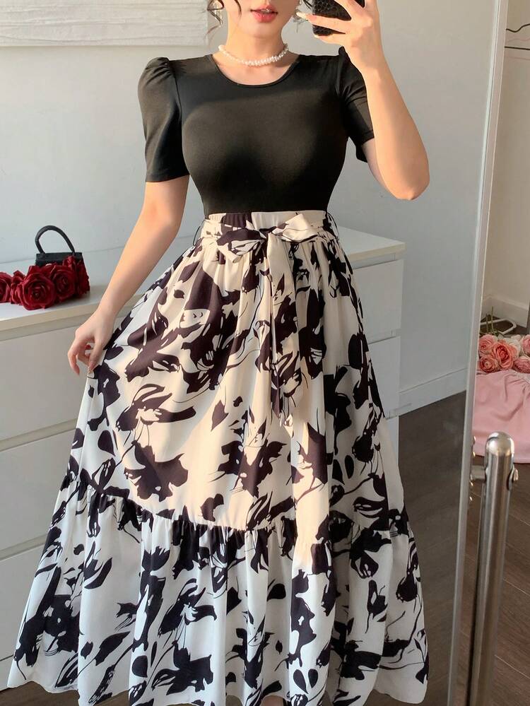 Women's Elegant Floral Print Ruffle Hem Dress, Summer
