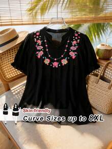 SHEIN CURVE+ 女士刺绣花卉图案衬衫，加大码宽松版型，采用厚实面料制成 - 黑色 - 查看 5