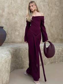BiaLiraa Fall Winter Party Dinner Banquet Modest Old Money Coquette Glitter Holiday Party Rave Festival Outing Vacation Hot Outdoor Richly Layered Wedding Season Banquet Coming Of Age Ceremony Off Off Shoulder Flare Sleeve Waist Cinched Ruched Tie-Knot Maxi Sweater Dress For Women Luxury Prom ID Al-Adha Al-Adha Party New Year - Burgundy - View 6