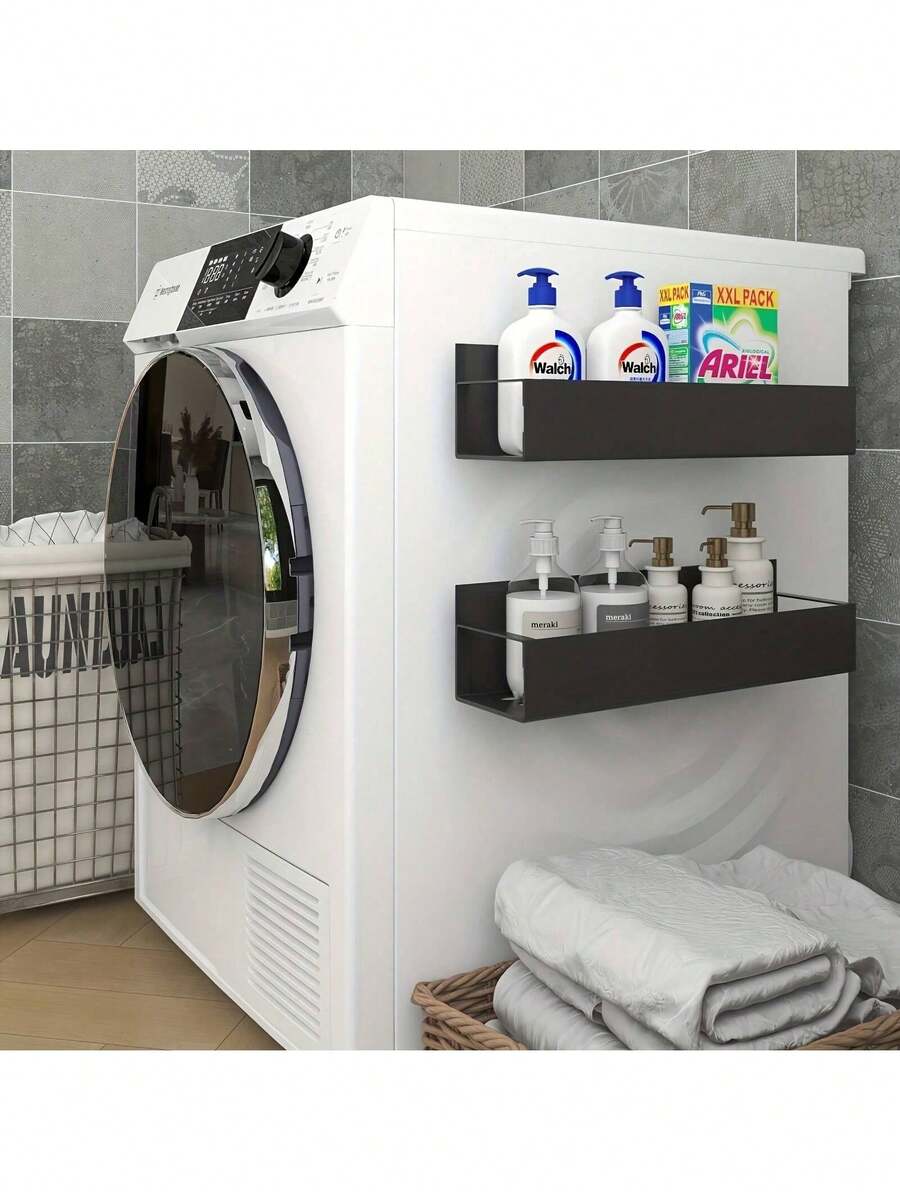 1/2pcs Magnetic Side Storage Rack Set For Fridges And Washing Machines - Easy No-Drill Installation, Sleek Black Metal Finish, Wall-Mounted Spice Organizer, Perfect For Laundry Essentials - Multicolor - View 1