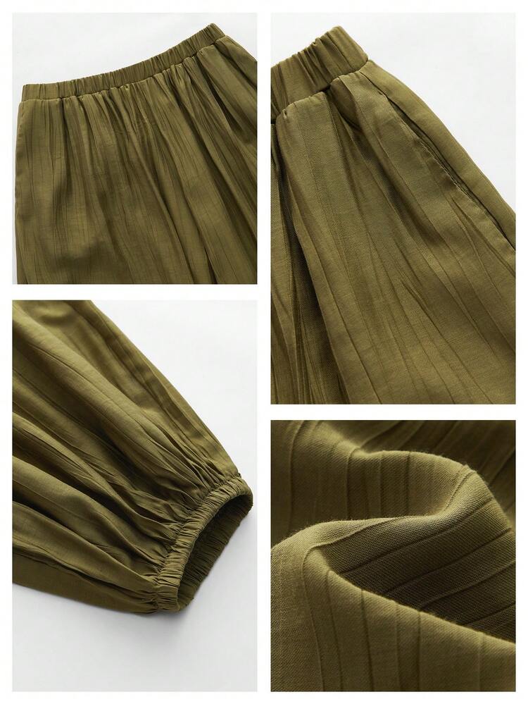 SHEIN Maija Women's Plain Army Green Wide Leg Woven Pants Casual Long With Pockets