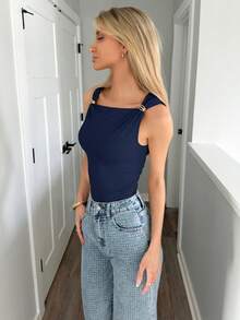 Sydney Algeri Metal Decor Ruched Bodysuit, Casual & Versatile, Spring/Summer - Navy Blue - View 4