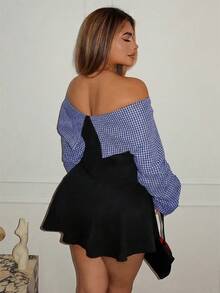 Maria Perezxox Đầm mini ôm sát lưng cao hở vai gợi cảm phong cách đại học cho nữ, thiết kế màu tương phản, thu đông - Nhiều màu - Xem 2