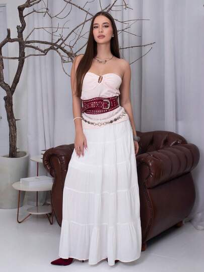 Duda Rubert 女式休闲简约纯色褶饰露背衬衫，夏季